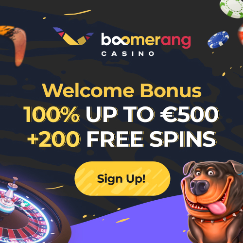 Boomerang Casino offers 100% deposit bonus up to €500 + 200 free spins.